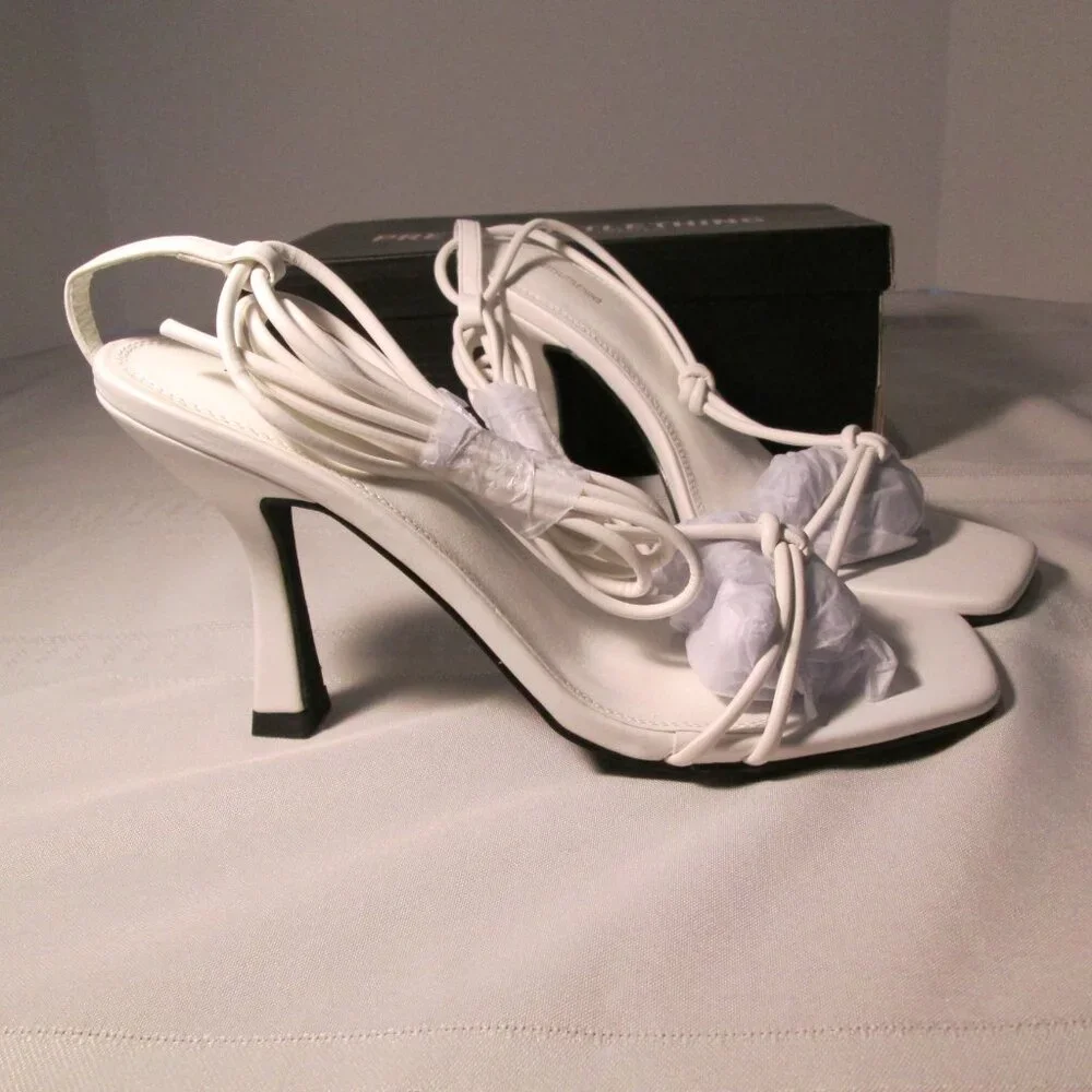 PrettyLittleThing Barely There Twisted Knot Lace Up Heeled Sandals Sz 7
